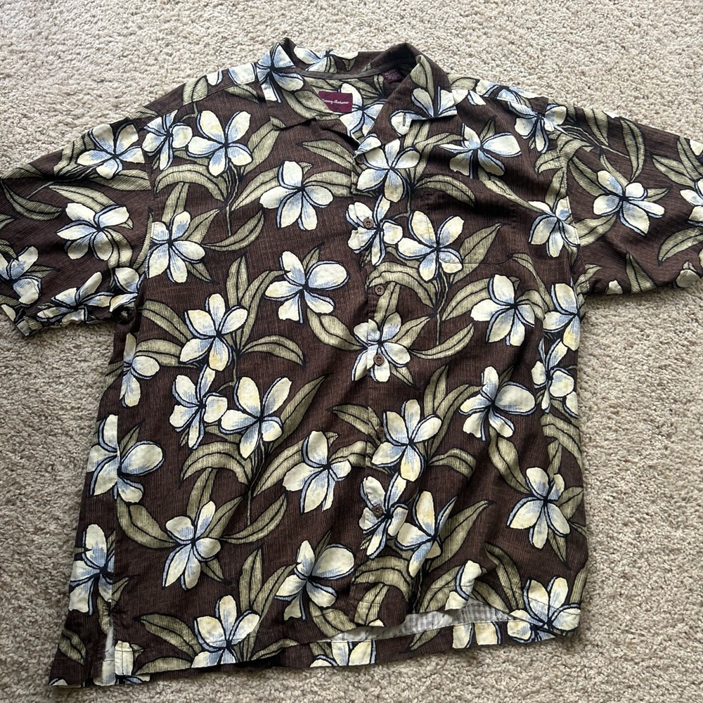 Tommy Bahama Mens 100% Silk Button Down Shirt Size XXL Green Short Sleeve Collar